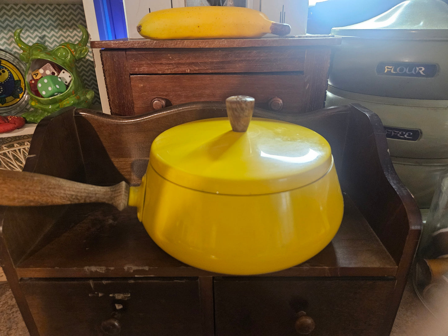 Vintage Yellow Enamel Saucepan with Lid — Wood Handle & Knob, 8", Mid-Century Kitchen