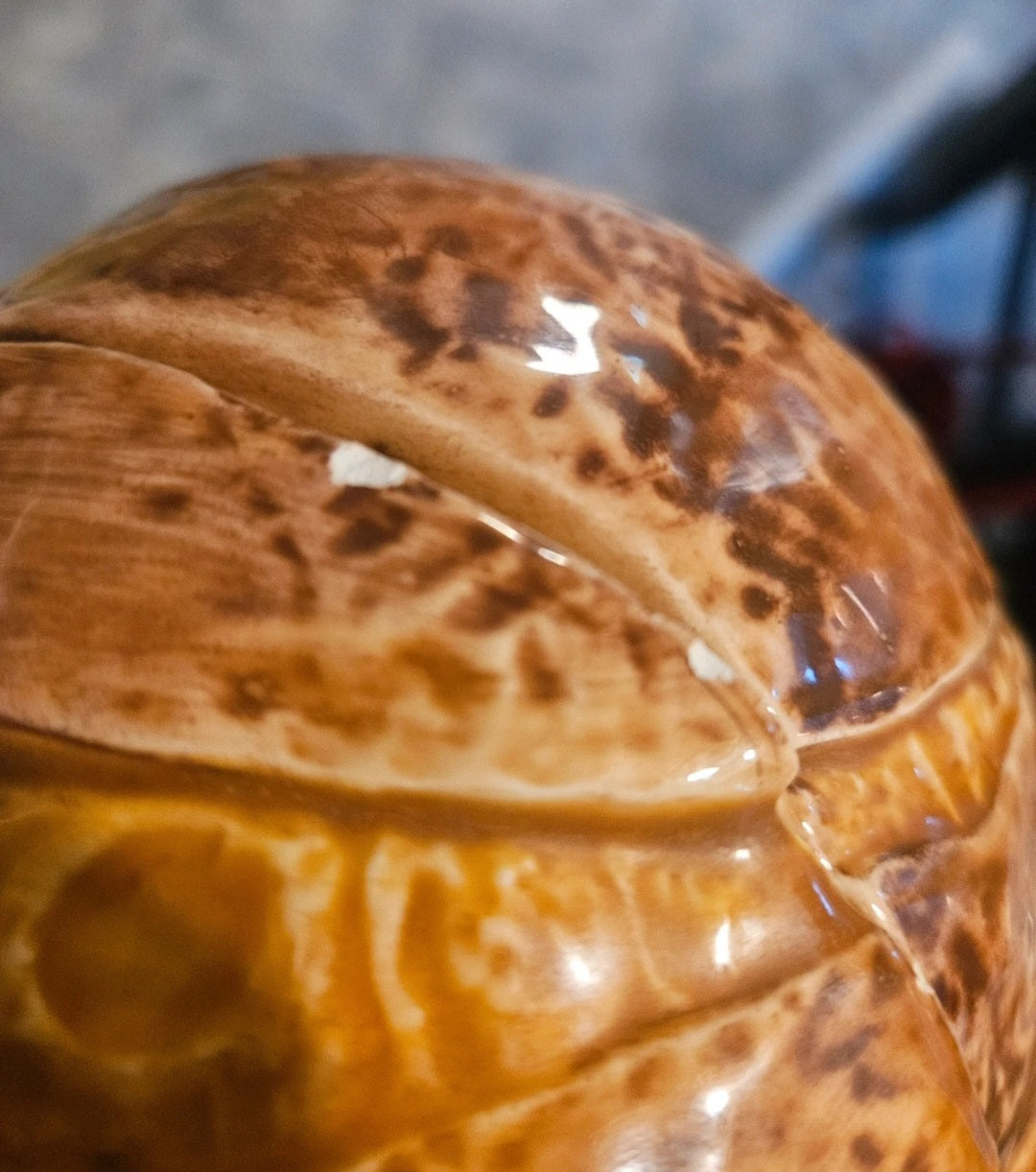 Close up of lid seam and glaze detail on Magdalene Pruitt baked potato cookie jar