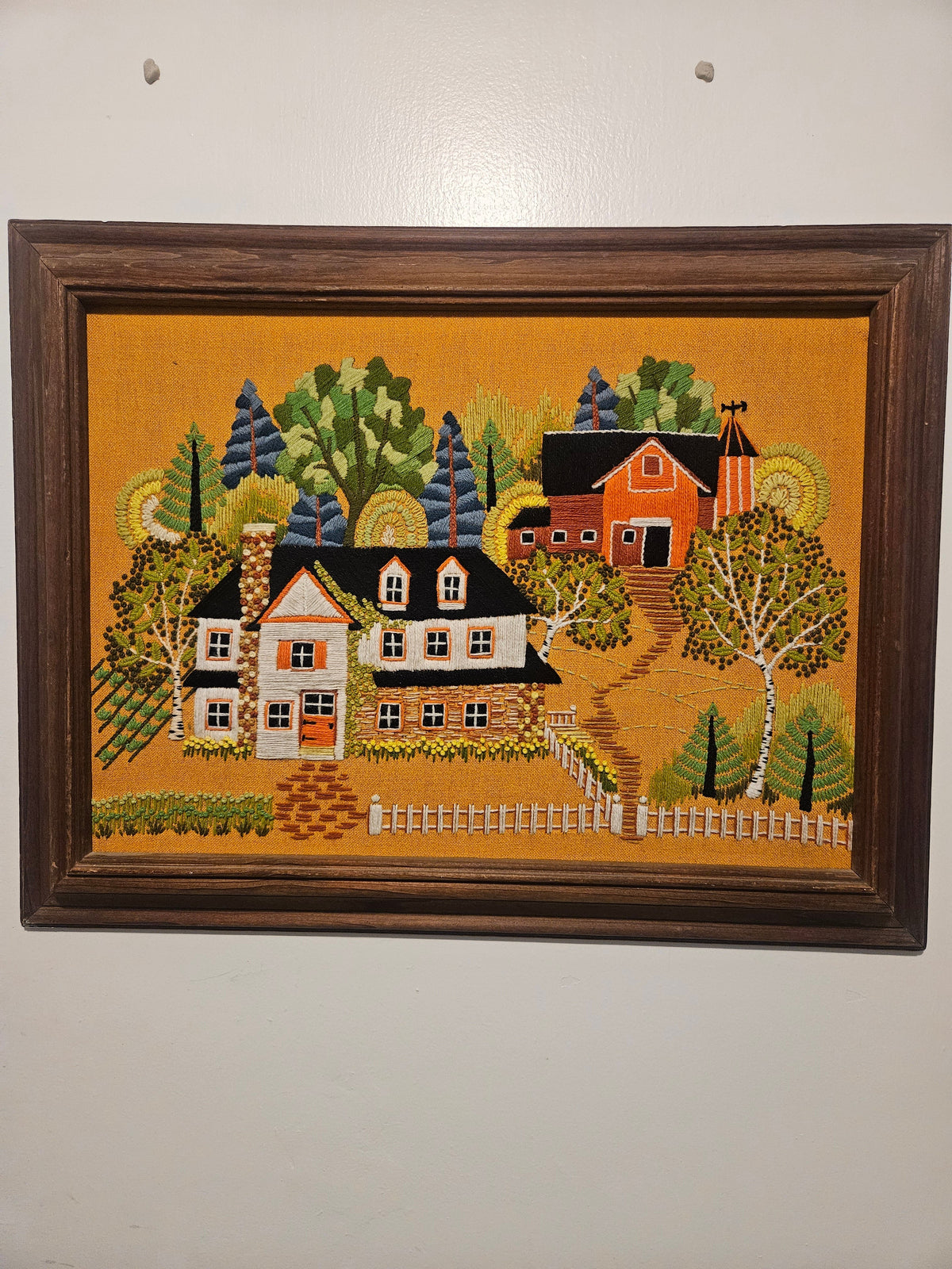 Vintage Crewel Embroidery Folk Art Farm Scene — Framed Wall Art