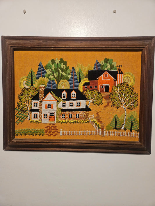 Vintage Crewel Embroidery Folk Art Farm Scene — Framed Wall Art