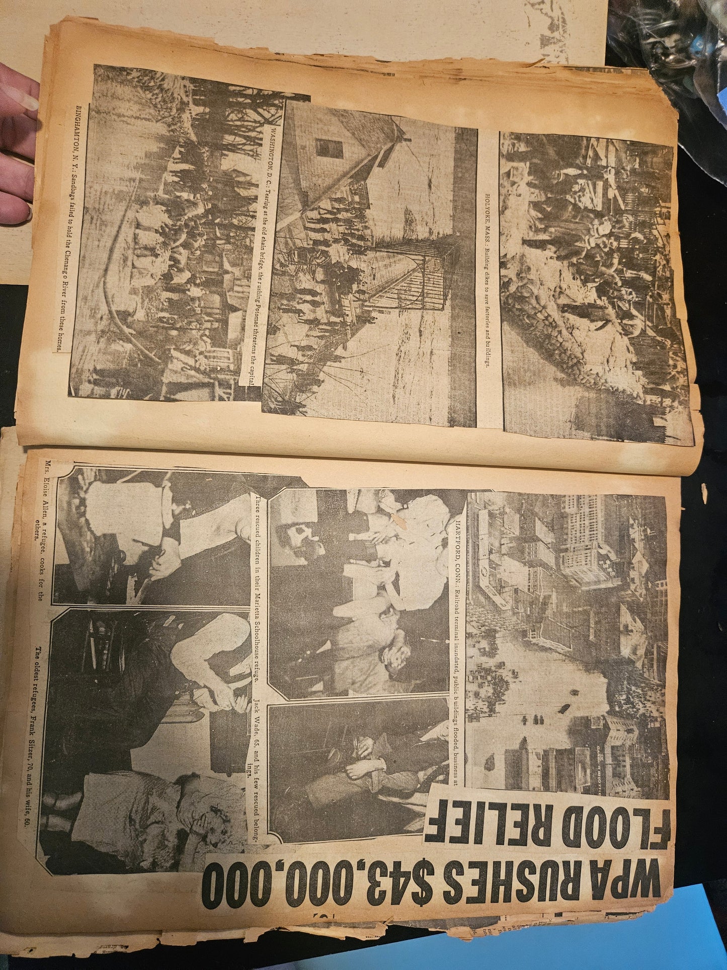 Interior pages showing WPA Rushes $43,000,000 Flood Relief headline and flood disaster photos