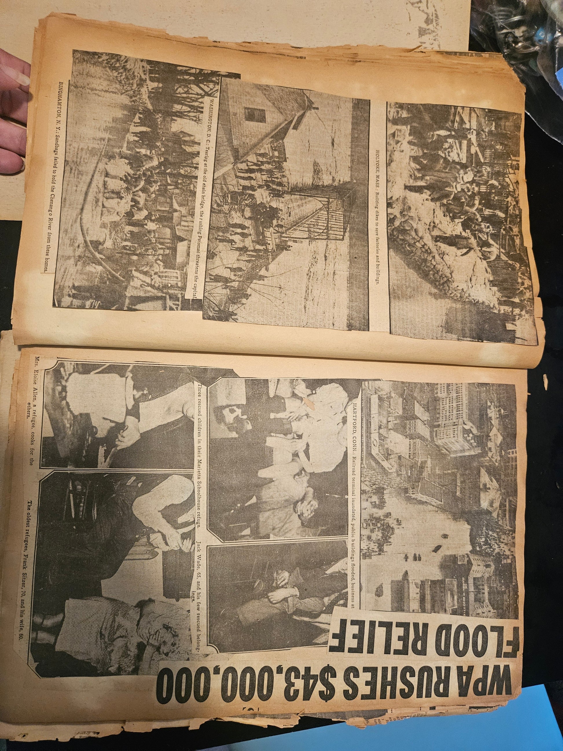 Interior pages showing WPA Rushes $43,000,000 Flood Relief headline and flood disaster photos
