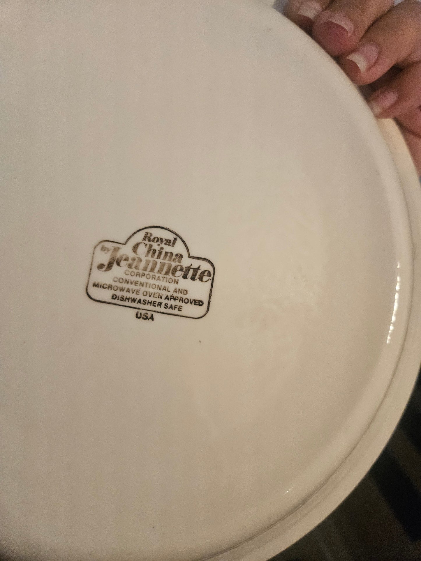Backstamp of Royal China Jeannette Corporation pie plate showing Made in USA marking