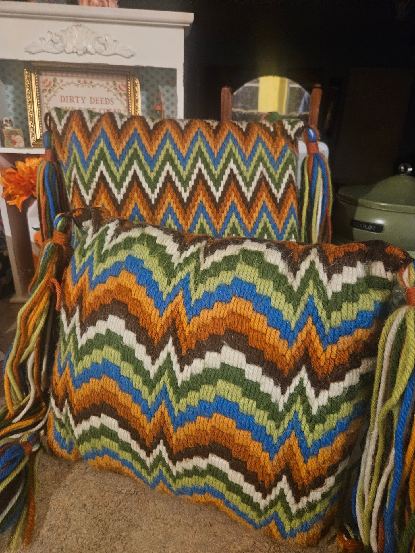 Vintage Chevron Needlepoint Throw Pillow with Fringe Tassels – Boho 70s Style