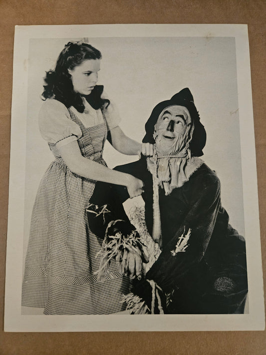 Vintage black and white photo print of Dorothy Judy Garland and Scarecrow Ray Bolger first meeting scene full length promotional still