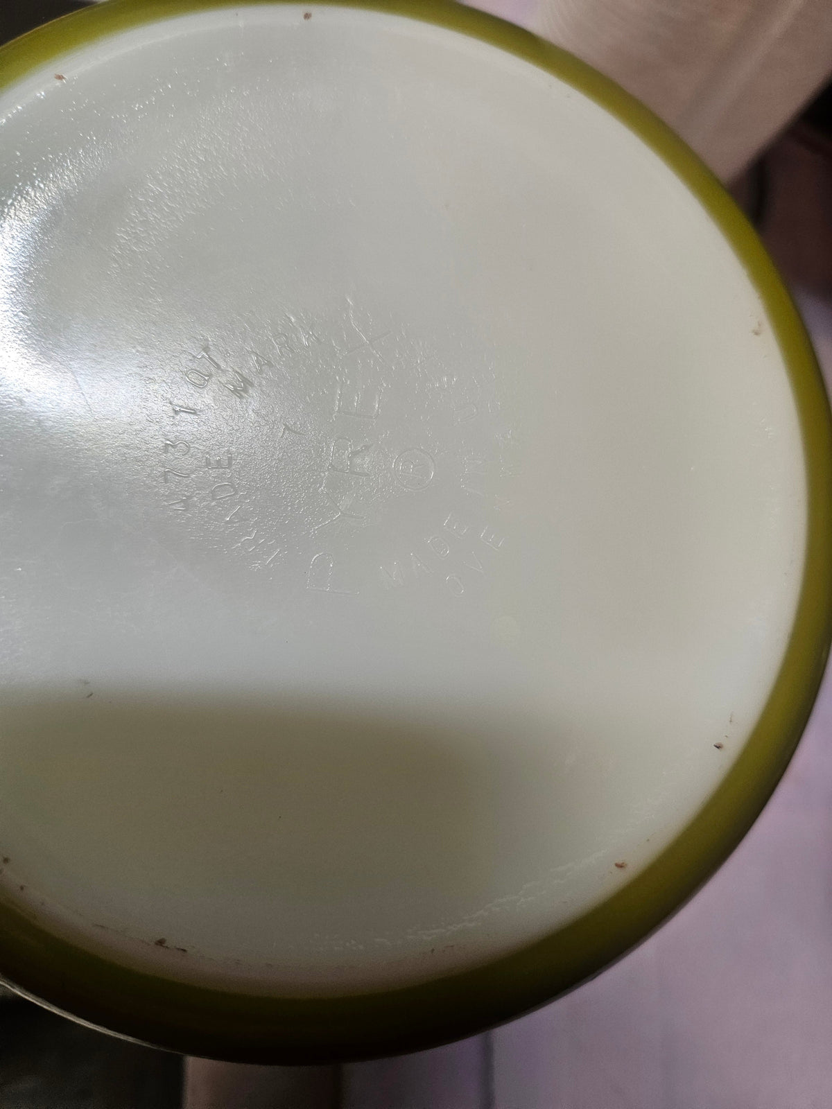 Faint bottom stamp on a white Pyrex casserole base