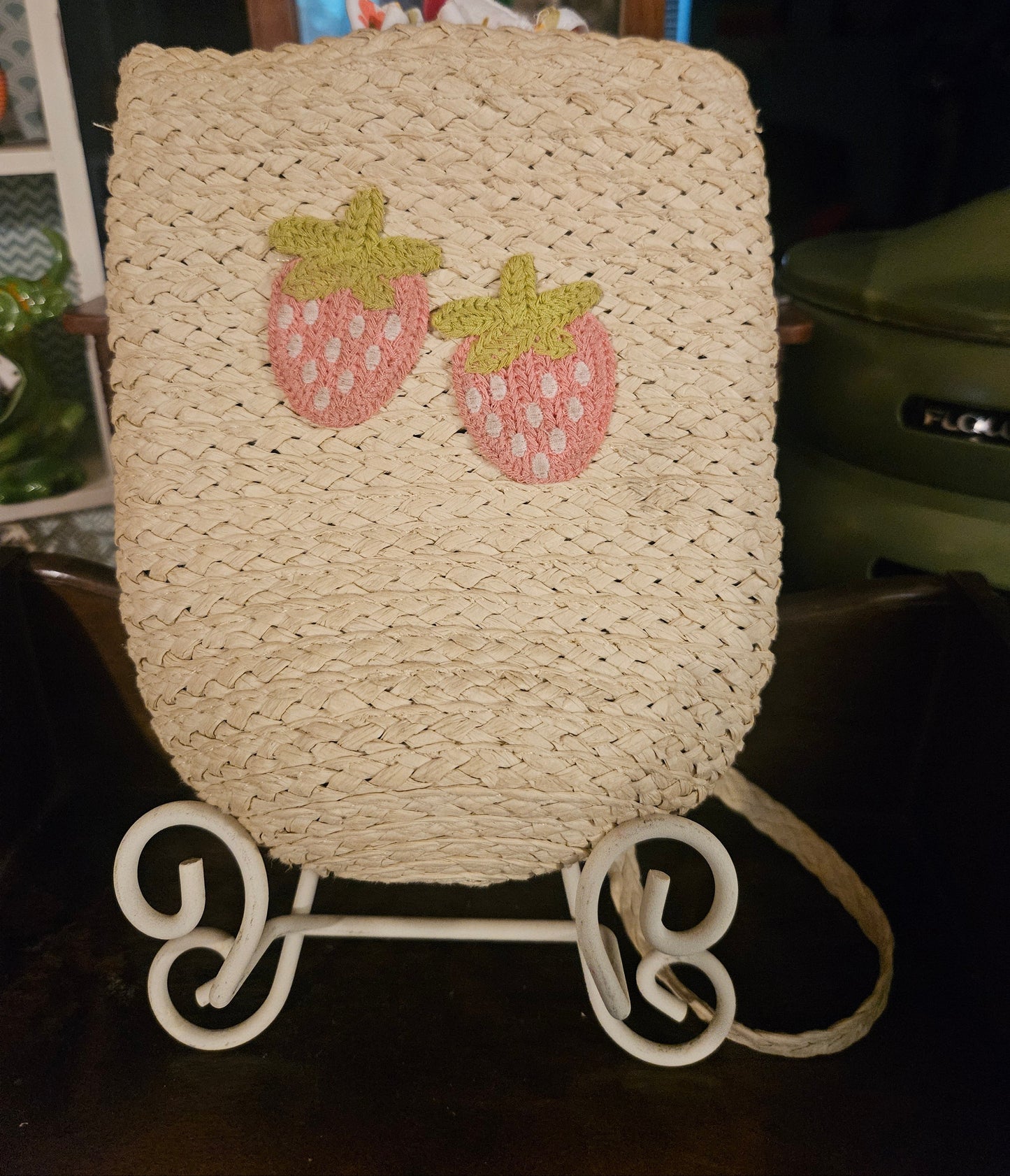 Woven Raffia Shoulder Bag — Strawberry Appliqué, Vintage Floral Lining