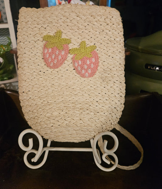 Woven Raffia Shoulder Bag Purse — Strawberry Appliqué, Vintage Floral Lining