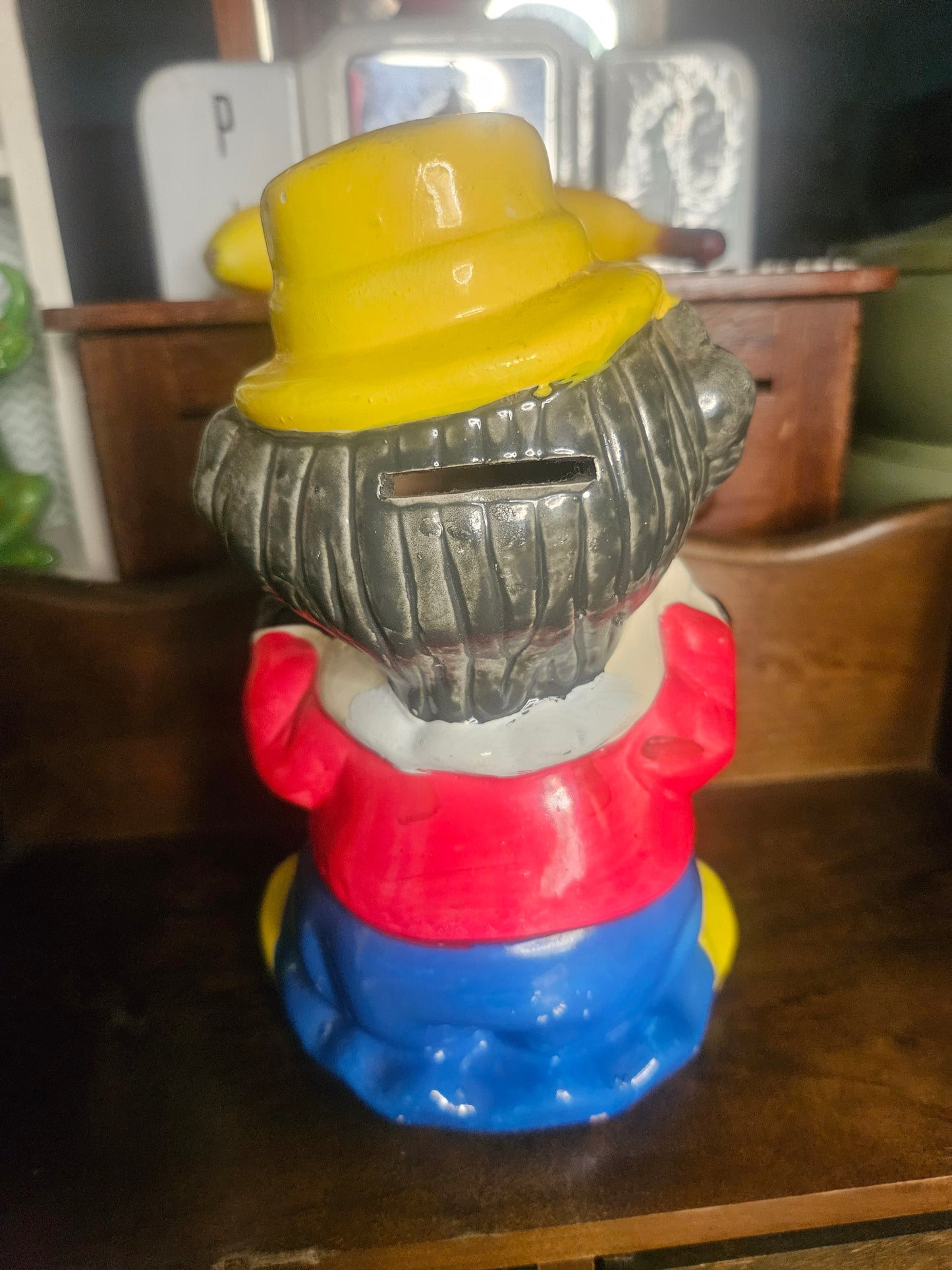 Vintage Ceramic Clown Coin Bank — Yellow Hat, Blue Overalls, Red Bow Tie, 8" x 4.5"