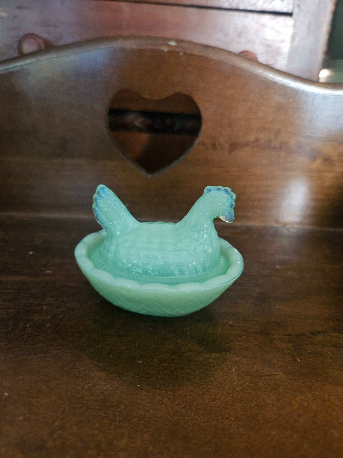 Mini Jadeite Green Glass Hen on Nest Dish Miniature