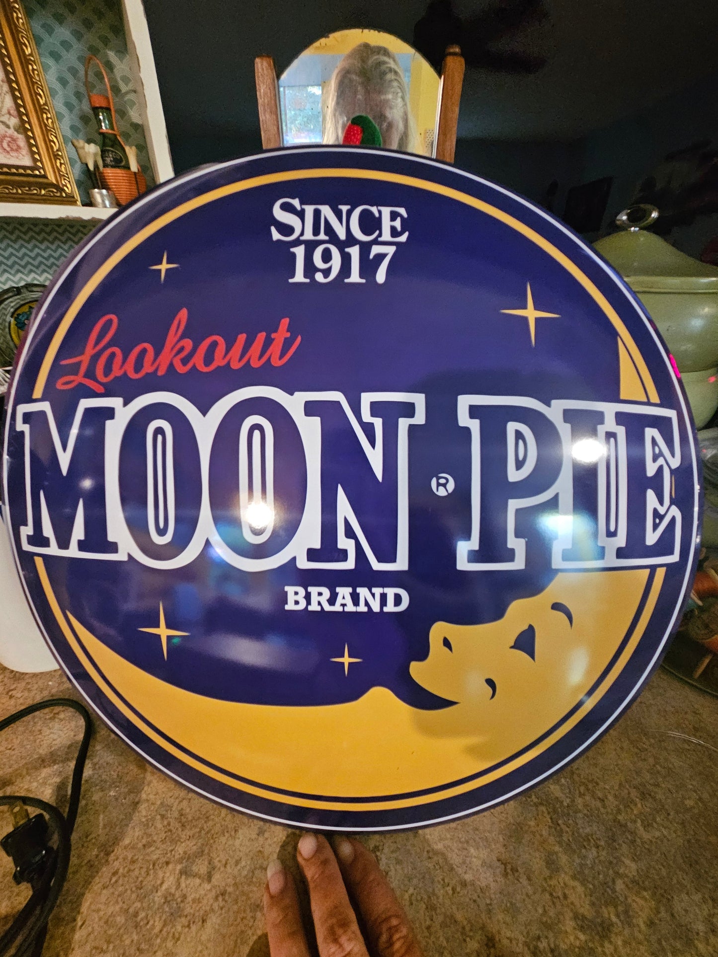 Moon Pie Lookout Brand Since 1917 round metal sign front showing navy blue and gold logo with crescent moon