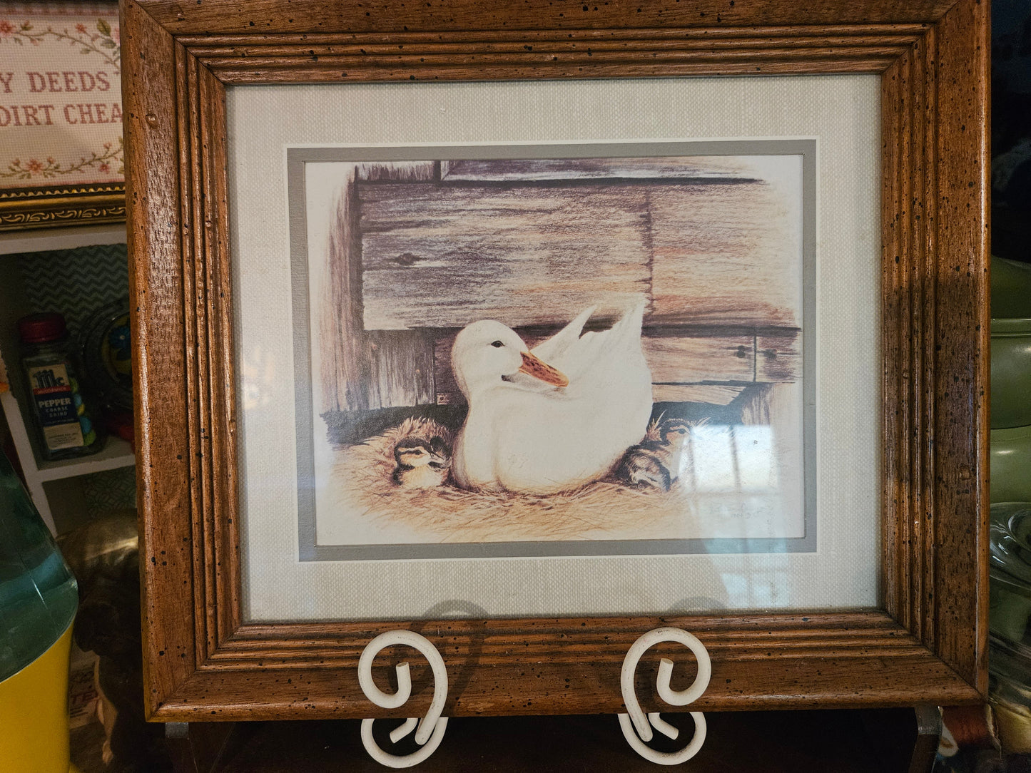Vintage framed duck and ducklings barn print with double mat and wood grain frame