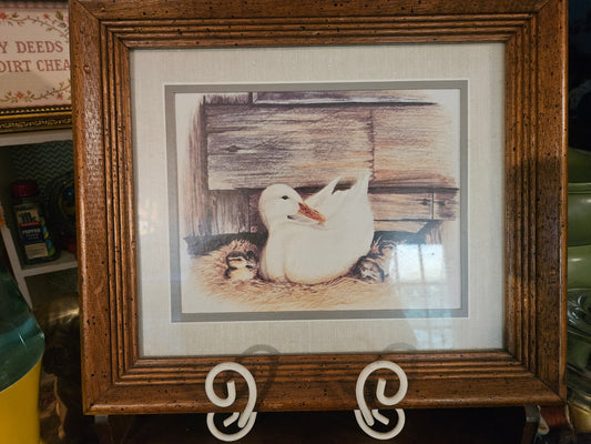 Vintage framed duck and ducklings barn print with double mat and wood grain frame