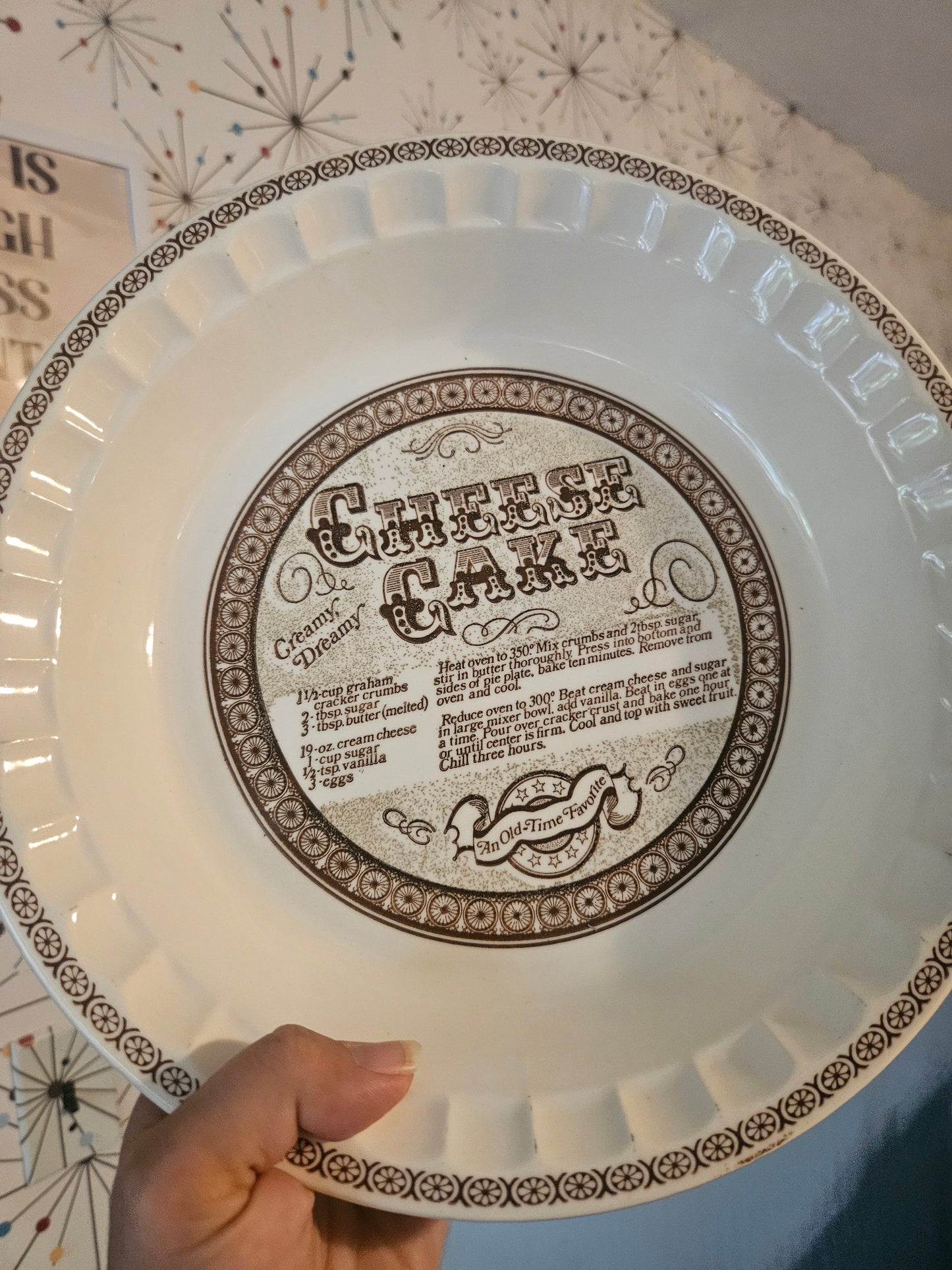 Vintage Royal China Jeannette cheesecake recipe pie plate showing ornate typography and decorative border