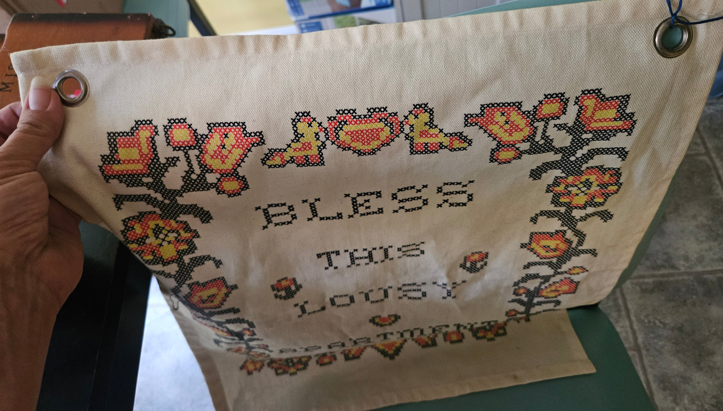 "Bless This Lousy Apartment" Vintage-Style Cross Stitch Wall Hanging