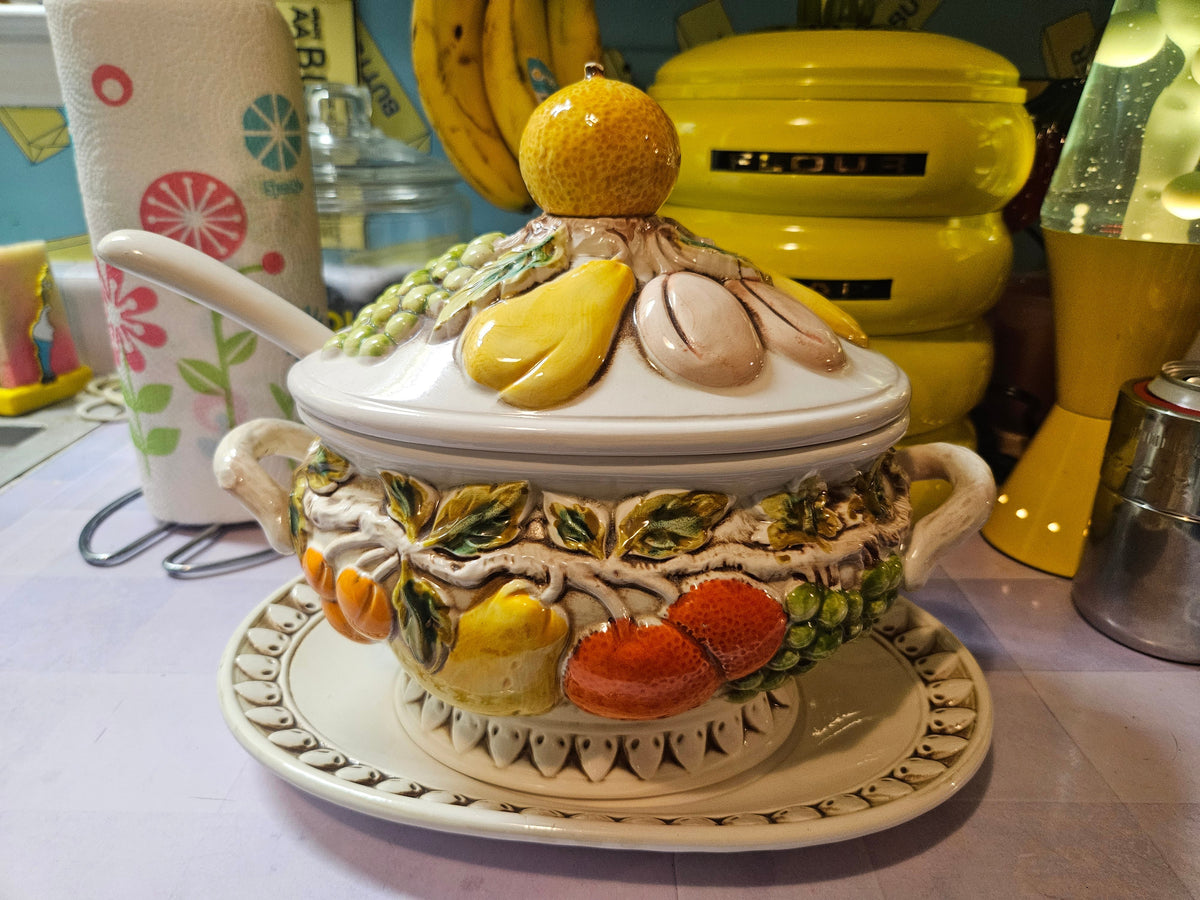 Geo. Zoltan Lefton Majolica Fruit Soup Tureen with Underplate & Ladle