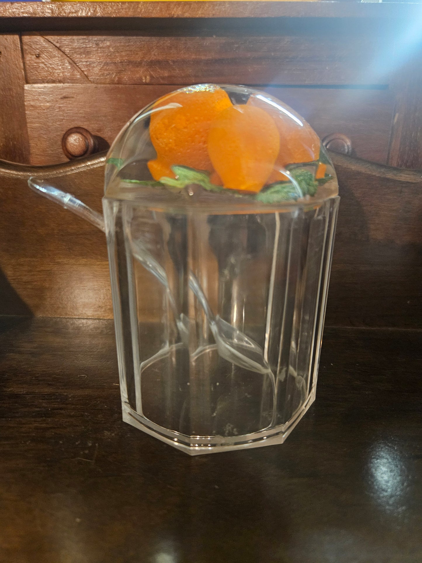 Lucite Jam Pot with Orange Fruit Dome Lid & Spoon — Octagonal, Mid-Century Tableware, 5x4x4"
