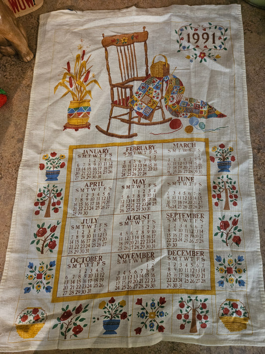 1991 Rocking Chair Quilt Folk Art Calendar Linen Tea Towel