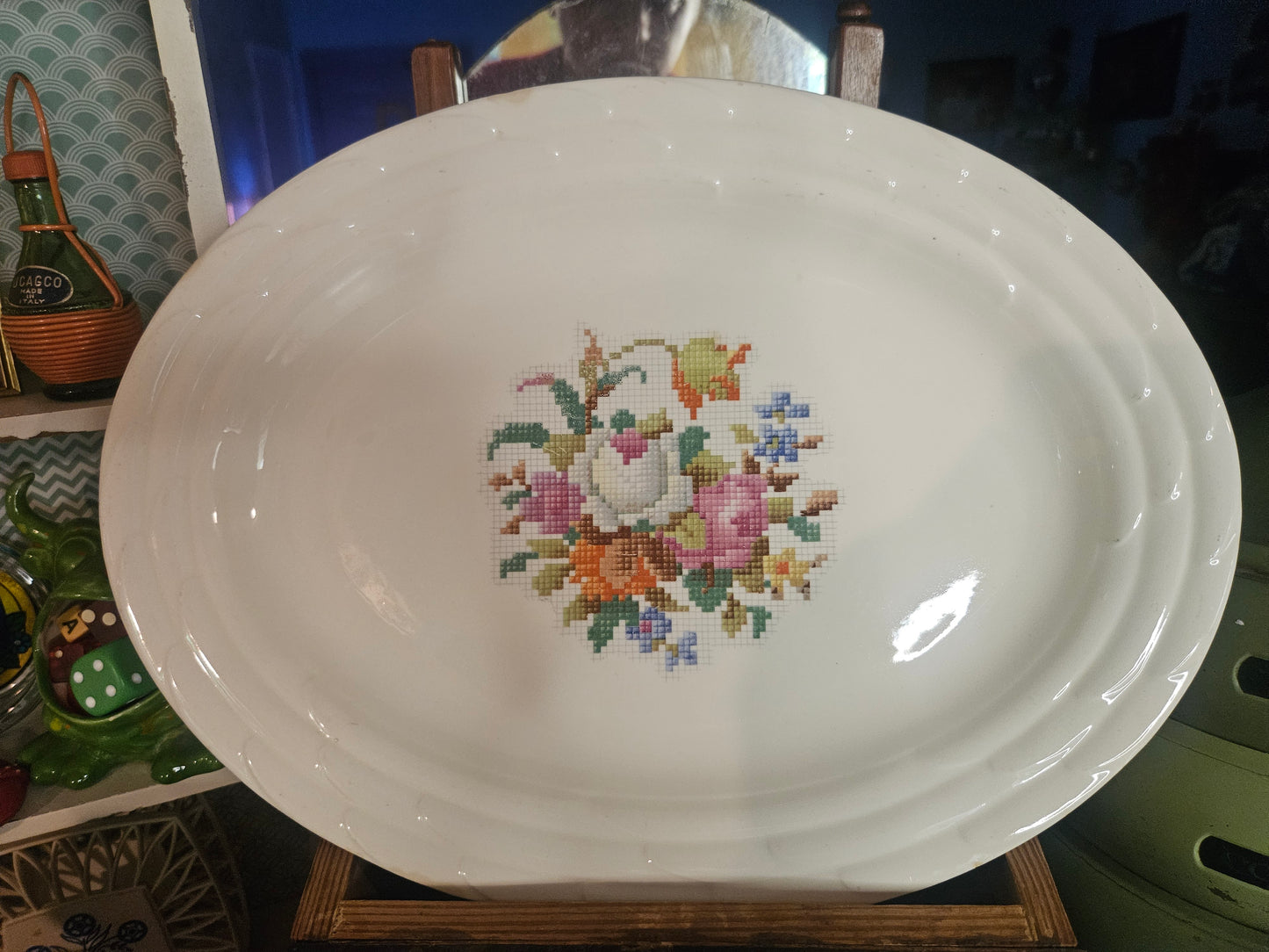 Salem China Cross-Stitch Floral Bouquet Oval Serving Platter — 12", American Pottery, 1930s–40s