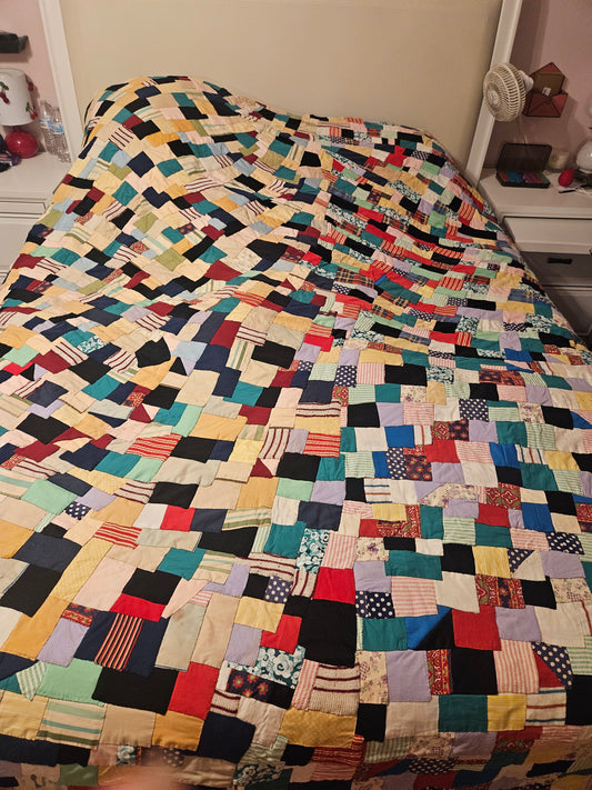 Vintage Hand-Stitched Scrap Patchwork Quilt — Queen Size, Brick Pattern