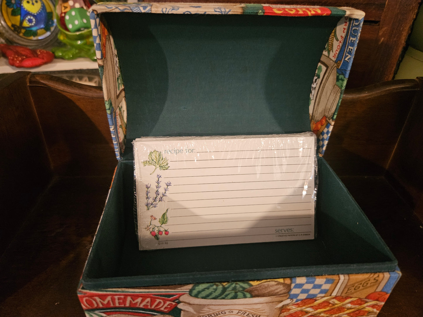 Vintage Fabric Covered Recipe Box Dome Lid Country Market Farm Print