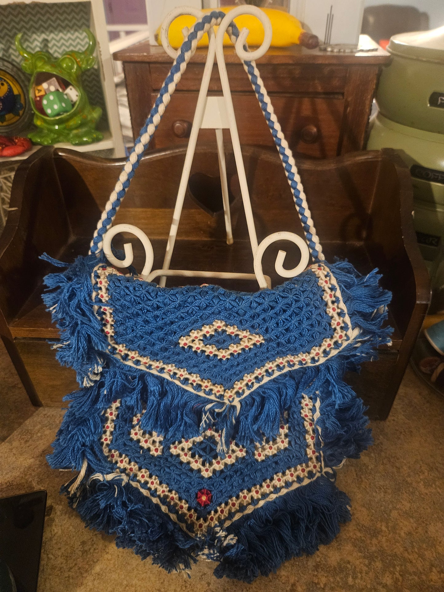 Vintage Blue Crochet Fringe Boho Shoulder Bag with Ribbon Trim