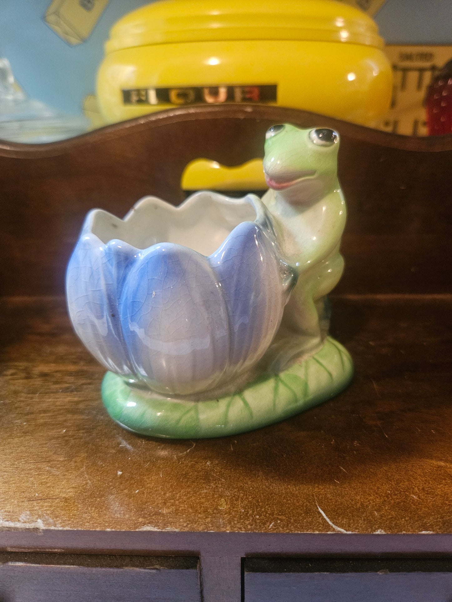 Vintage ceramic frog and lotus flower planter, front view showing green frog and blue lotus bowl
