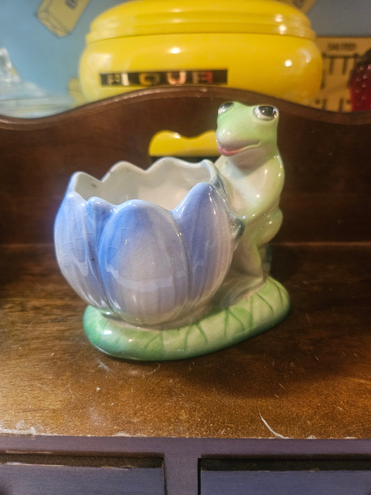 Vintage ceramic frog and lotus flower planter, front view showing green frog and blue lotus bowl