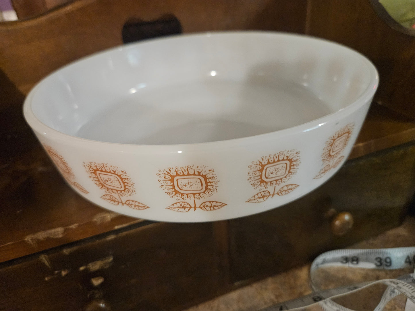 Federal Glass Milk Glass Bowl — Retro Sunflower / Daisy Pattern — Mid-Century Serving Bowl