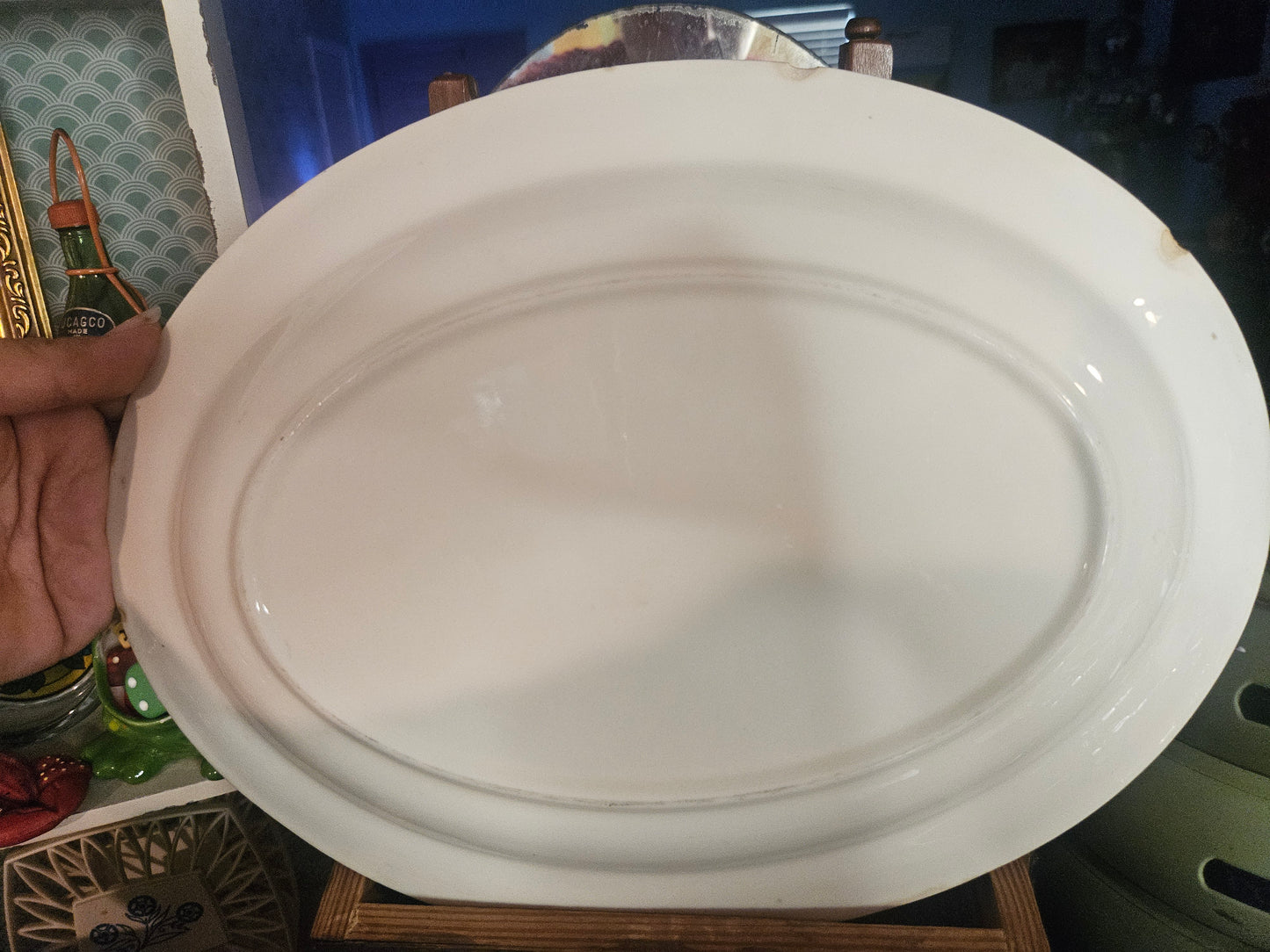 Salem China Cross-Stitch Floral Bouquet Oval Serving Platter — 12", American Pottery, 1930s–40s