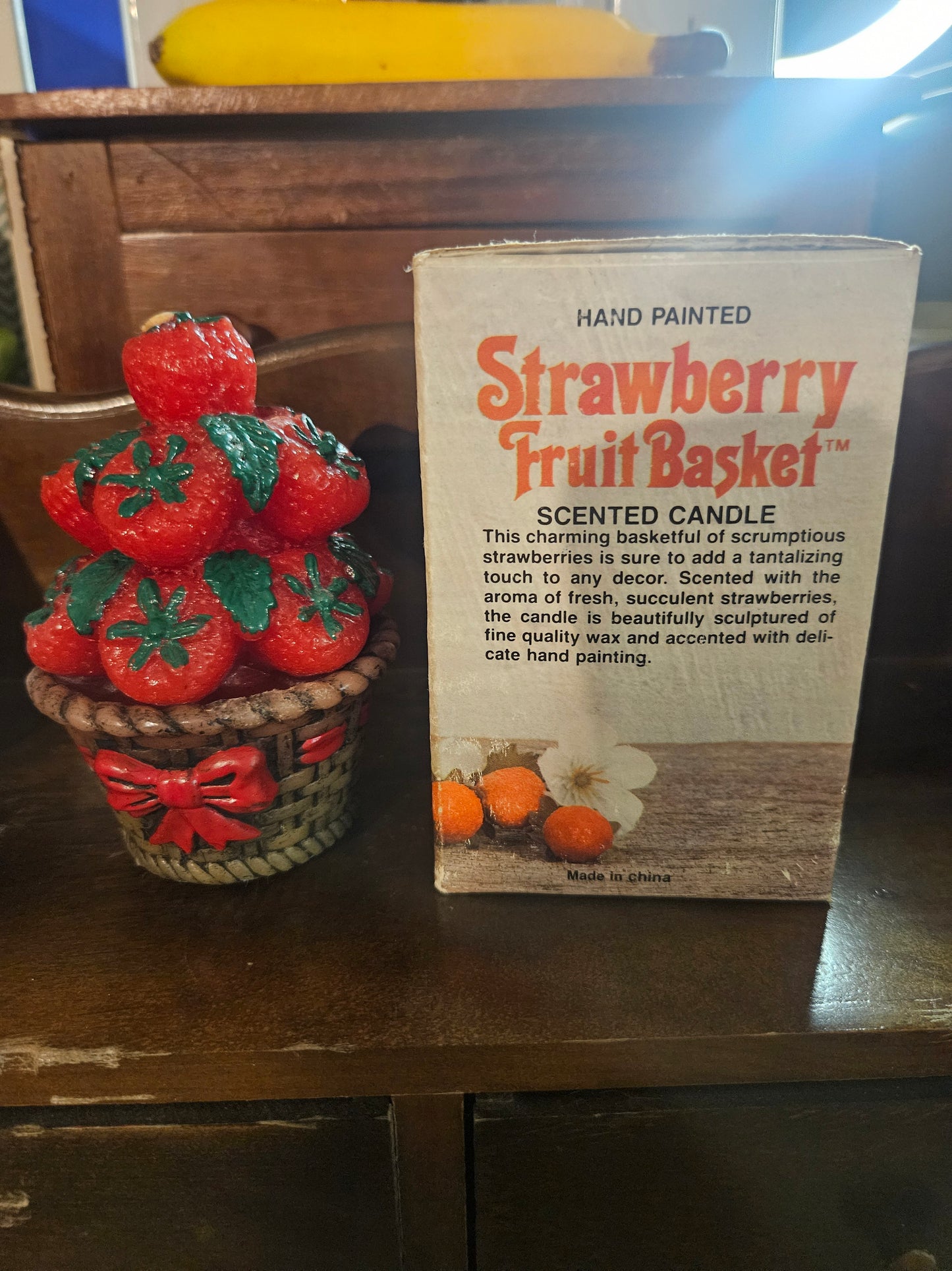 "Strawberry Fruit Basket" Hand-Painted Scented Wax Candle — Original Box, 5x3x3", Vintage