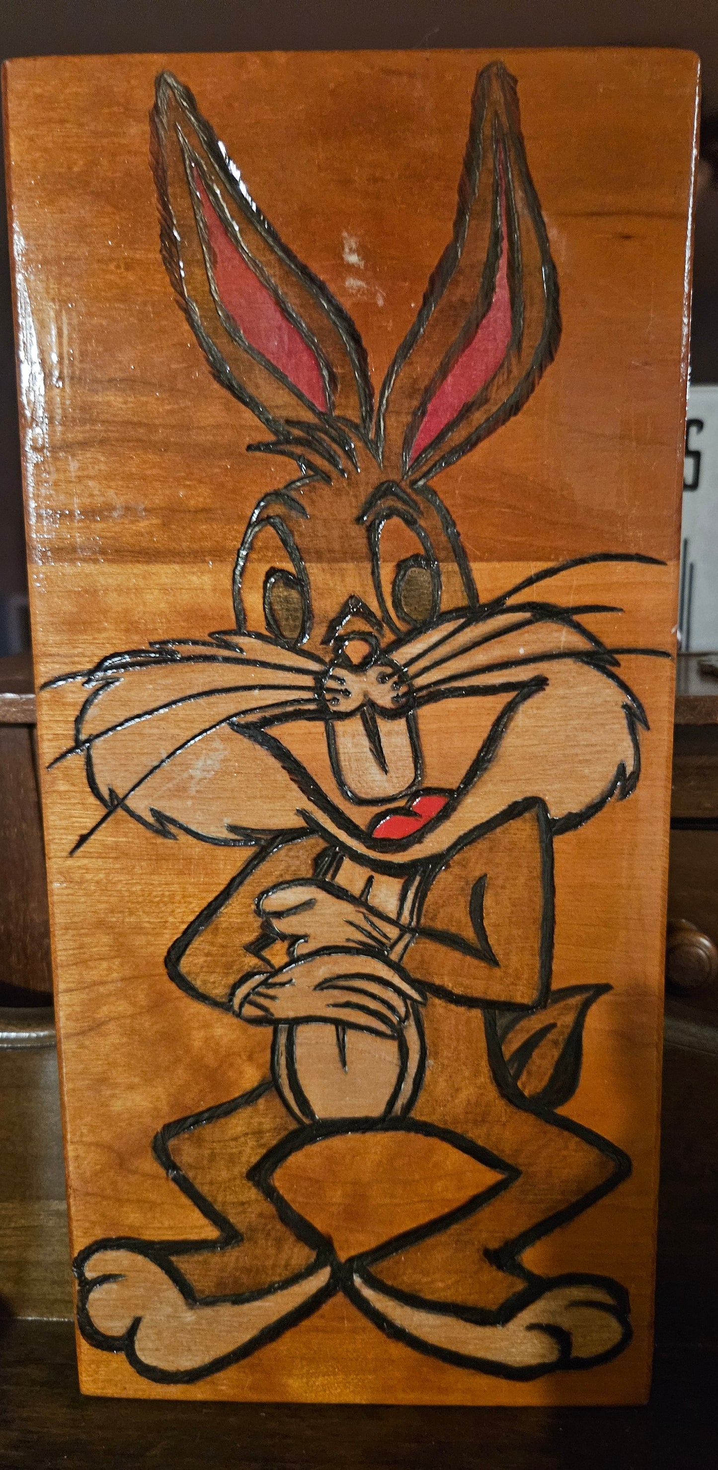 Vintage Bugs Bunny Wood Burned & Painted Wall Plaque – Handmade Folk Art