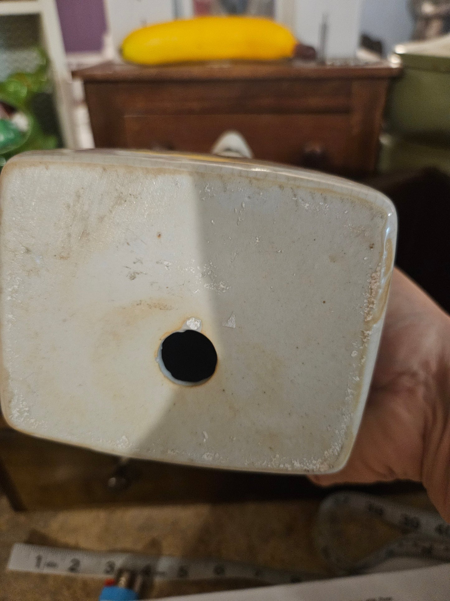 Bottom of ceramic phrenology head planter showing drainage hole and unglazed ceramic base