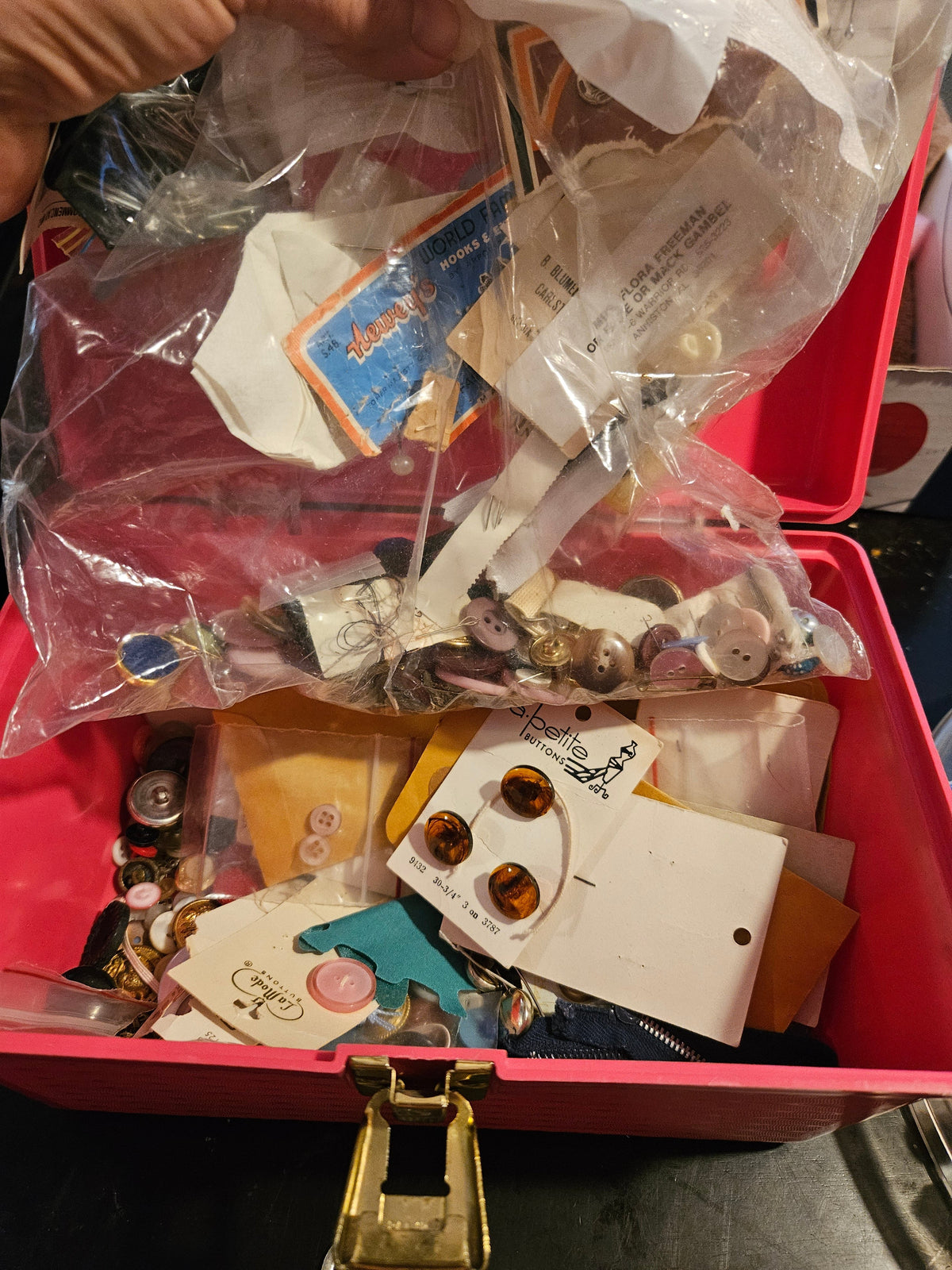 Vintage Sewing Box with Button Collection — Hot Pink Hard Case