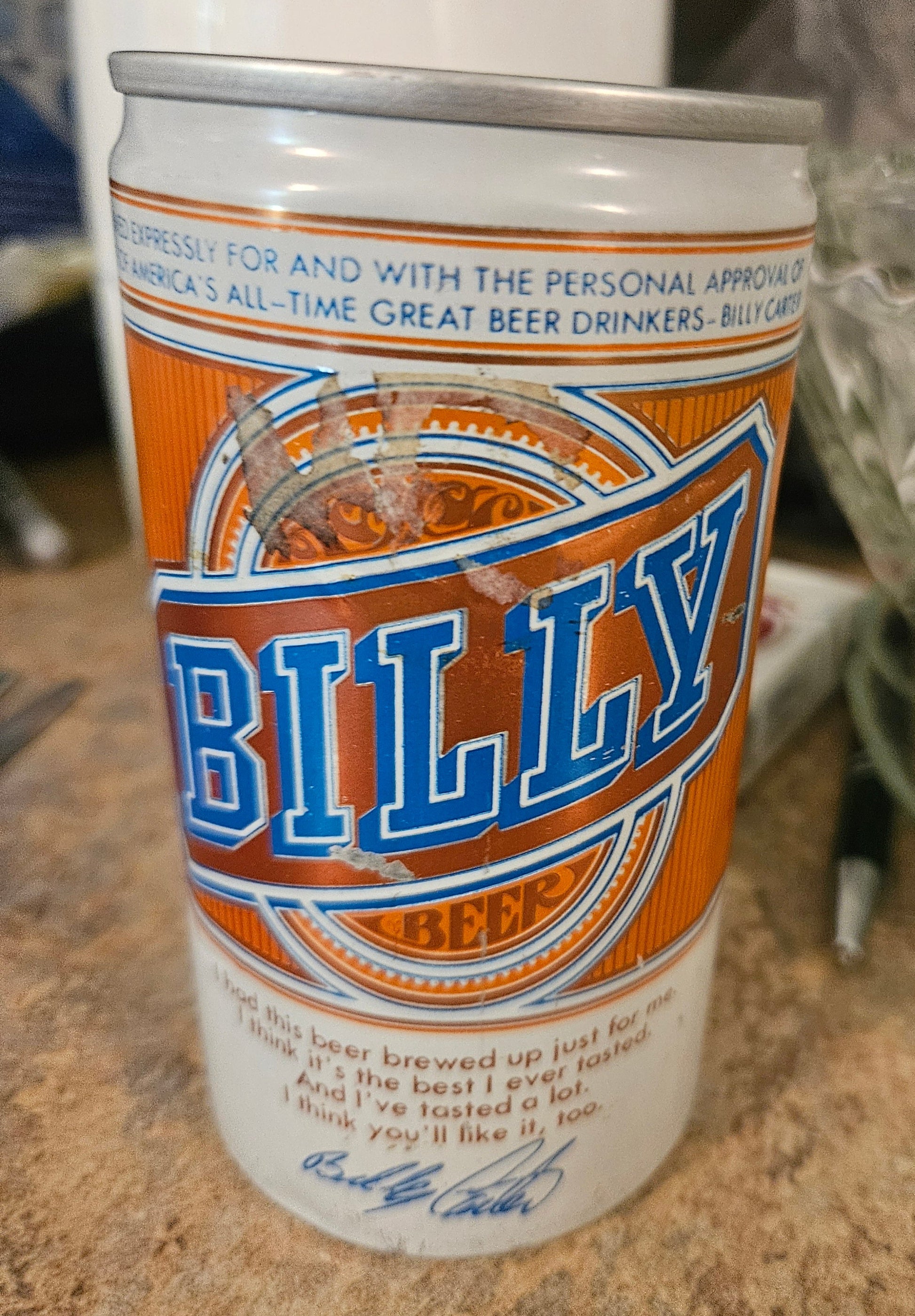Second view of Billy Beer can showing full label text and pull-tab top