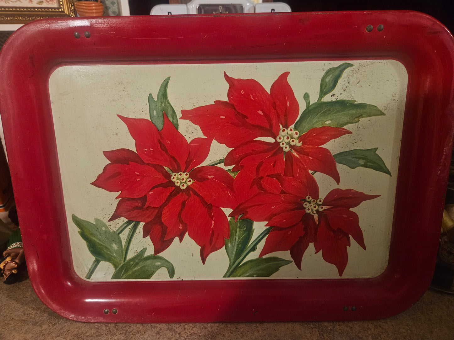 Vintage Metal Poinsettia Tray — Holiday Display