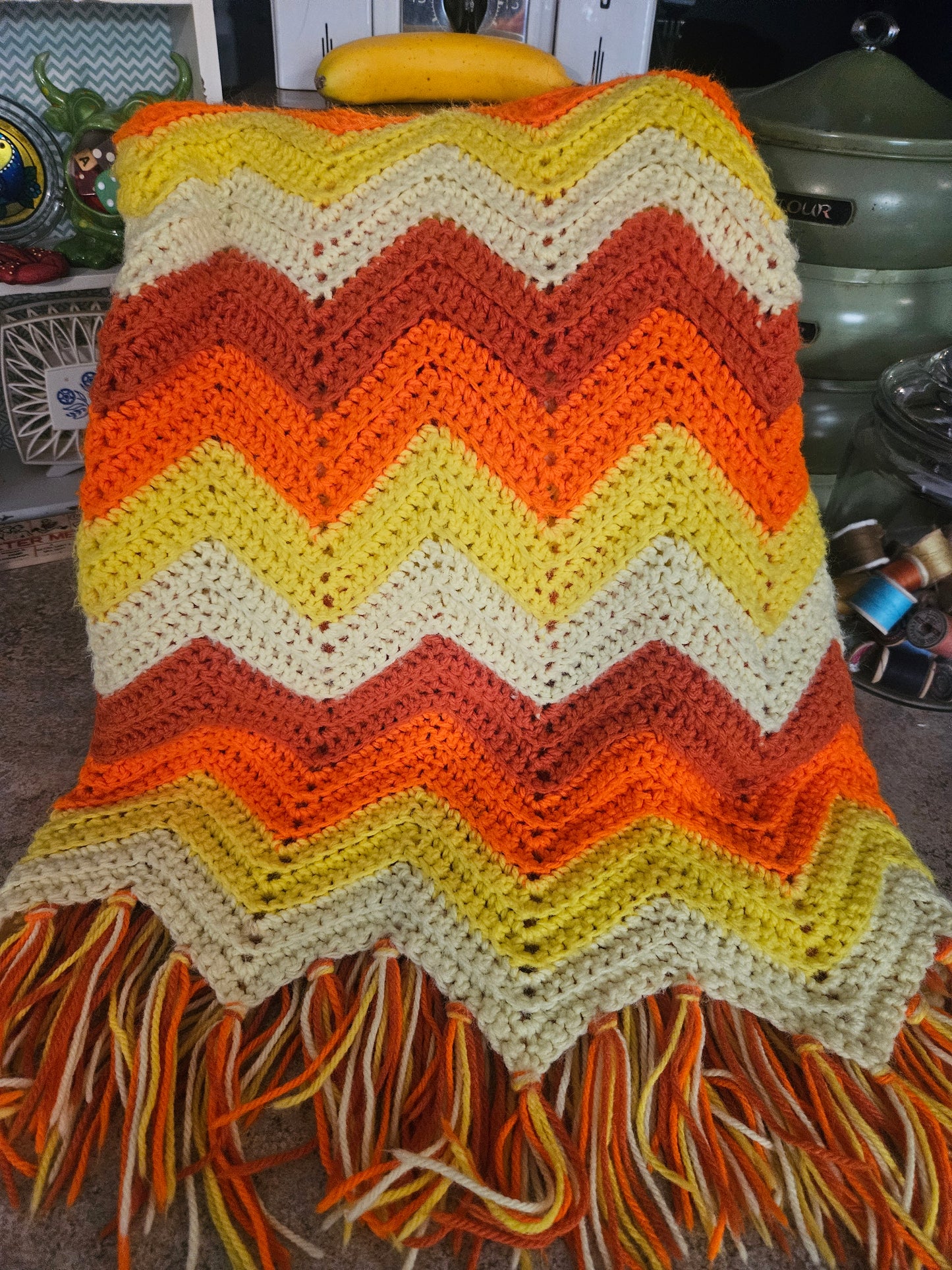 Vintage Handmade Crochet Chevron Afghan — 72x54" Autumn Harvest with Fringe