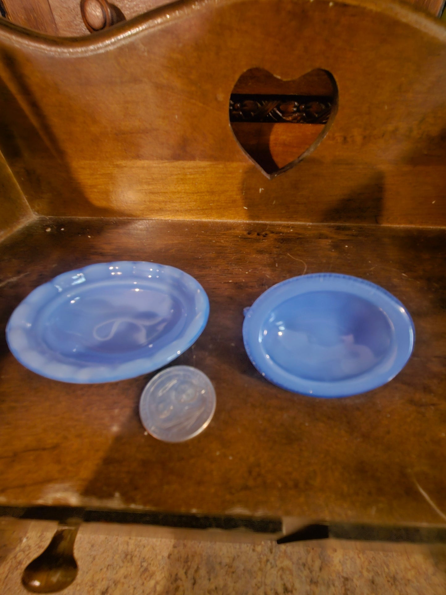 Blue slag glass hen on nest dish separated into three pieces showing lid nest base and small glass insert