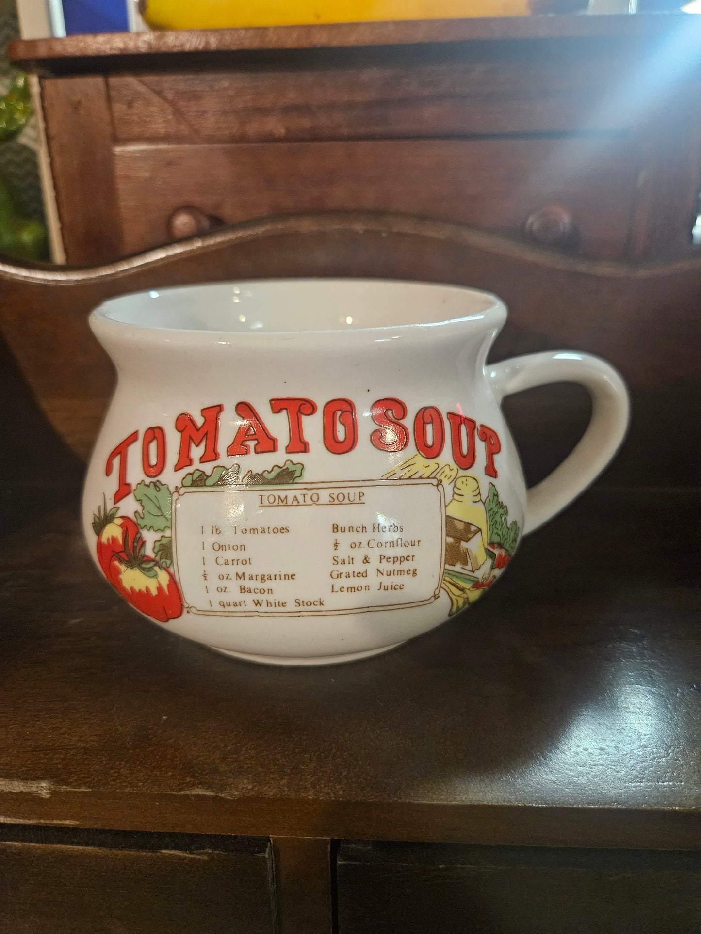 "Tomato Soup" Recipe Ceramic Soup Mug — Cauldron Style, Red Lettering, Vintage Kitchen
