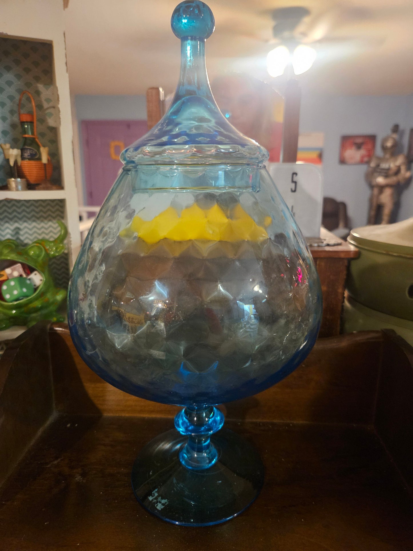 Large vintage aqua blue diamond optic glass apothecary jar with ball finial lid and pedestal base full view