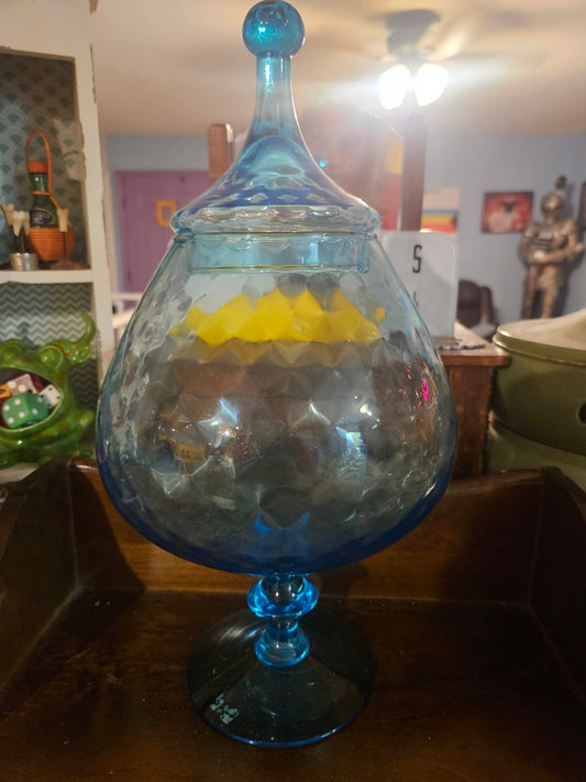 Large vintage aqua blue diamond optic glass apothecary jar with ball finial lid and pedestal base full view