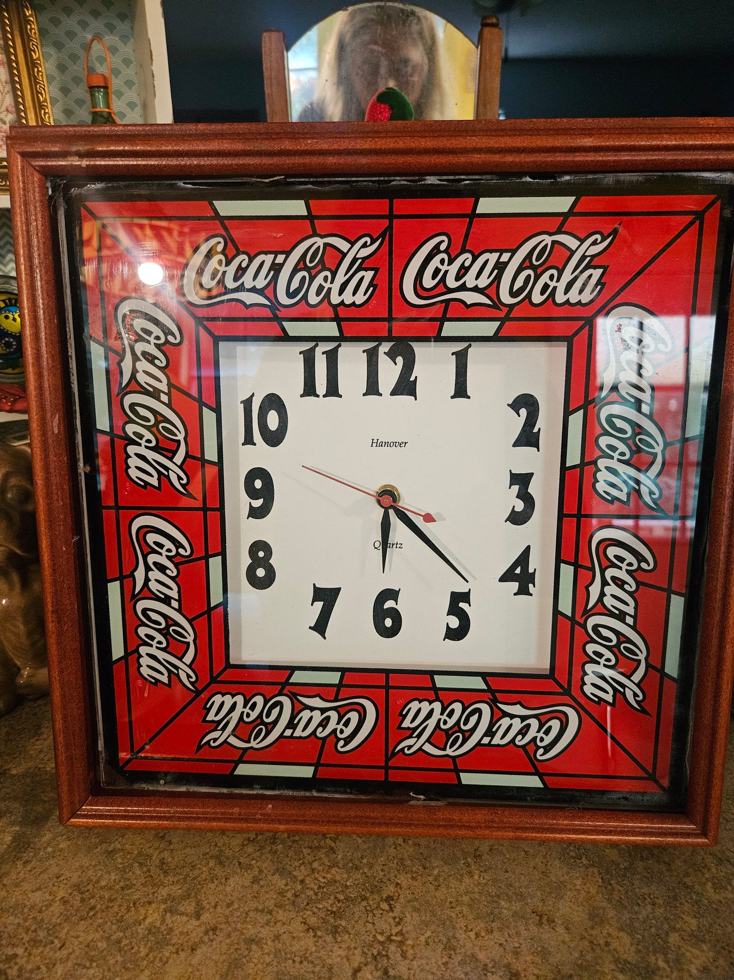 Coca-Cola Stained Glass-Style Wall Clock — Hanover Quartz, Wood Frame
