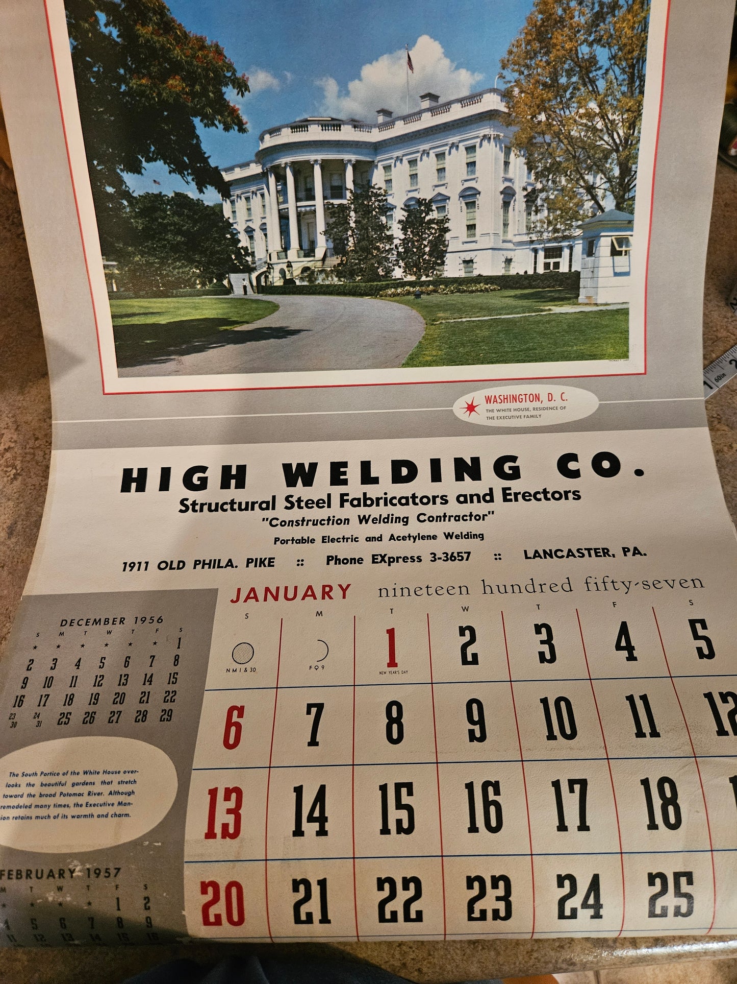 1957 High Welding Co. Advertising Wall Calendar – Brown & Bigelow, White House