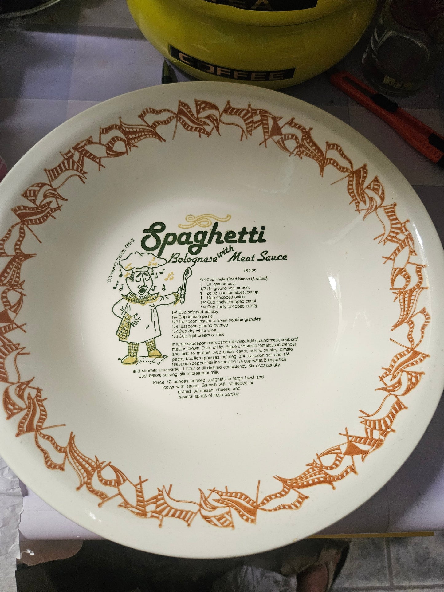 Royal China Co. Italian Classics spaghetti bolognese recipe pasta bowl interior showing chef illustration and pasta border