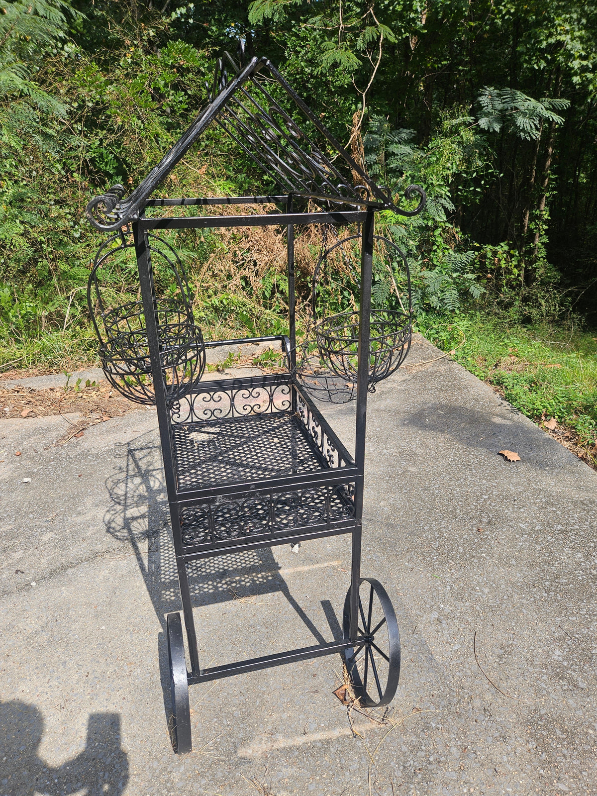 Vintage Wrought Iron Plant Stand Cart with Canopy & Hanging Baskets