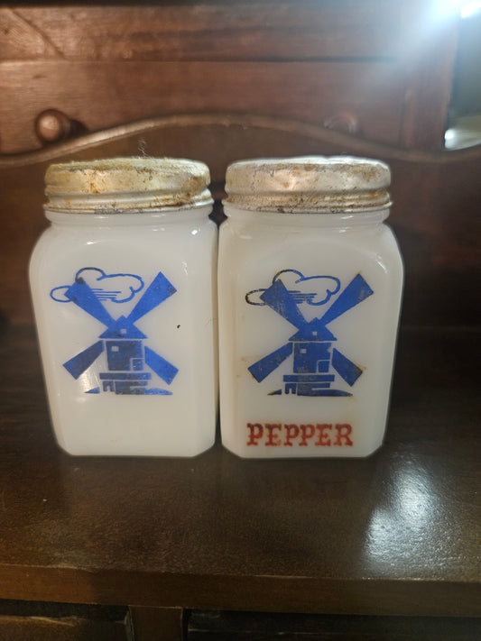 Hazel-Atlas Milk Glass Dutch Windmill Salt & Pepper Shakers — Square, Blue Decal, Mid-Century