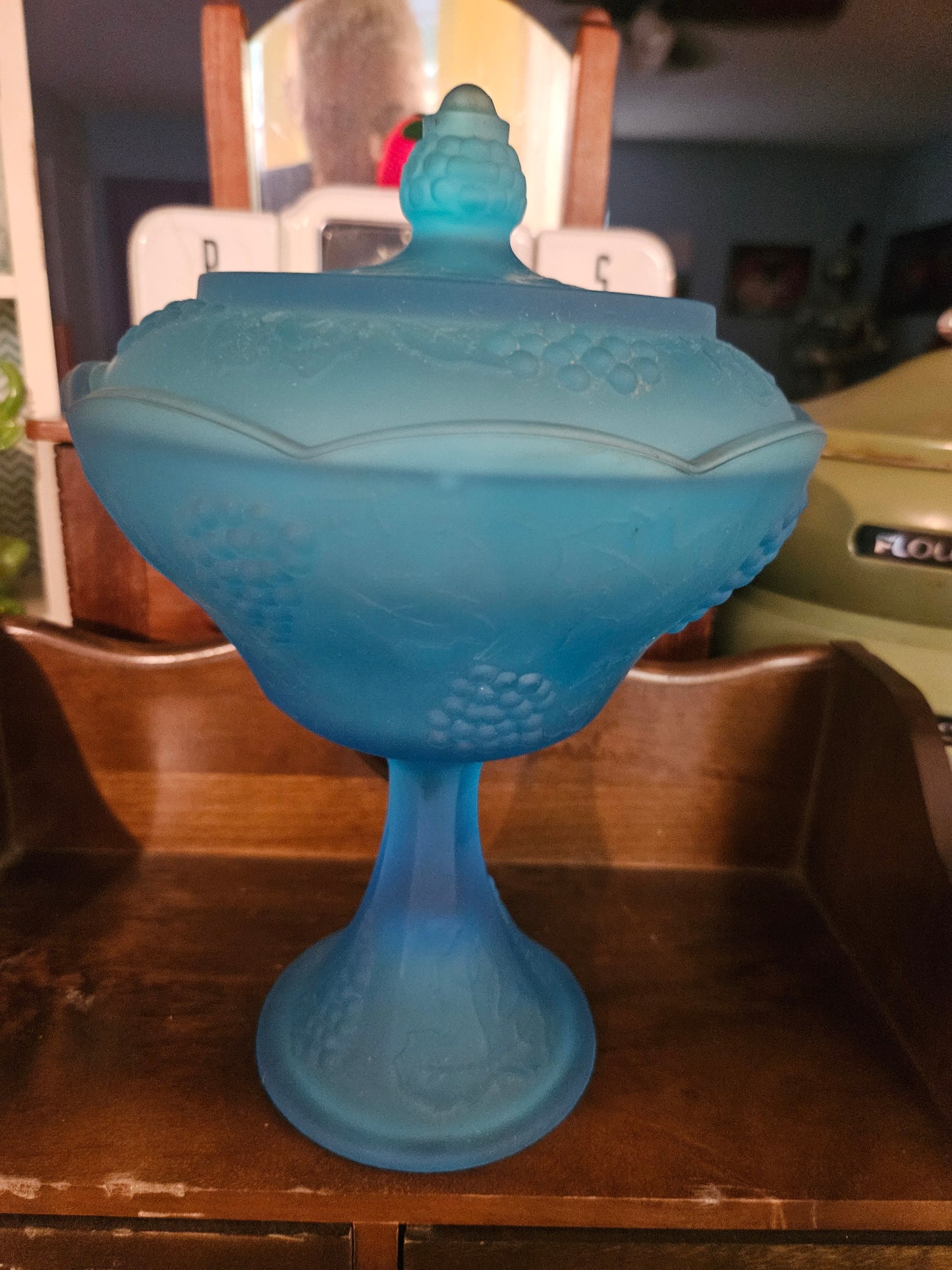Indiana Glass Frosted Blue Satin Glass Covered Compote – Grape Motif Pedestal