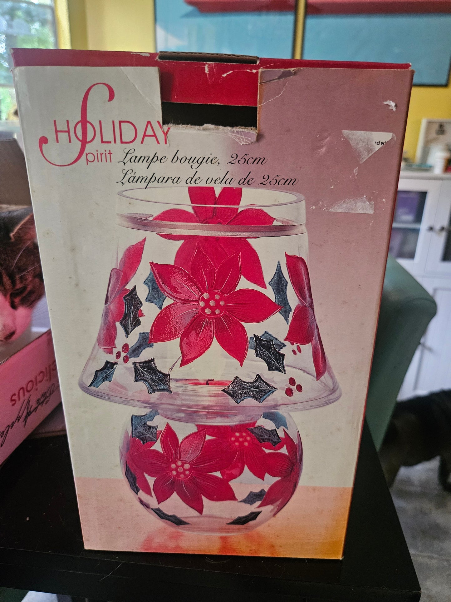 Carved Poinsettia glass candle lamp assembled showing hand-painted red poinsettias and holly on clear glass