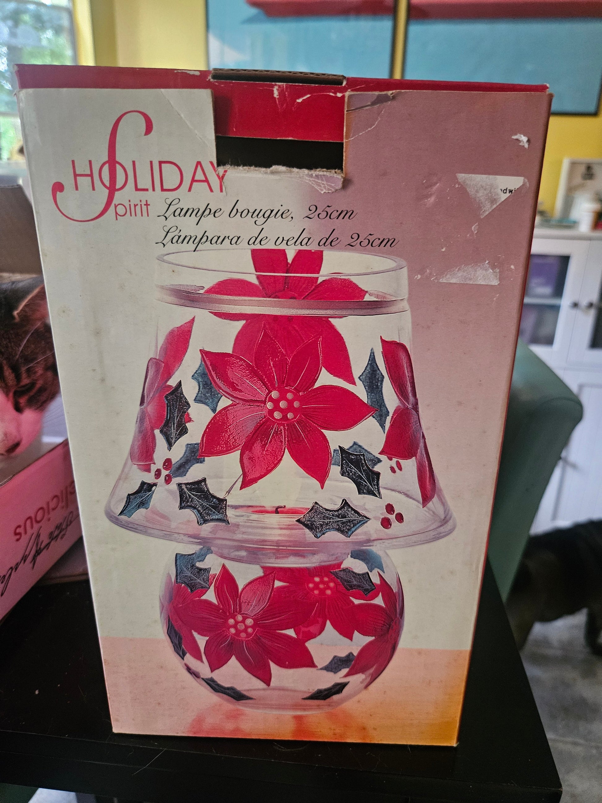 Carved Poinsettia glass candle lamp assembled showing hand-painted red poinsettias and holly on clear glass