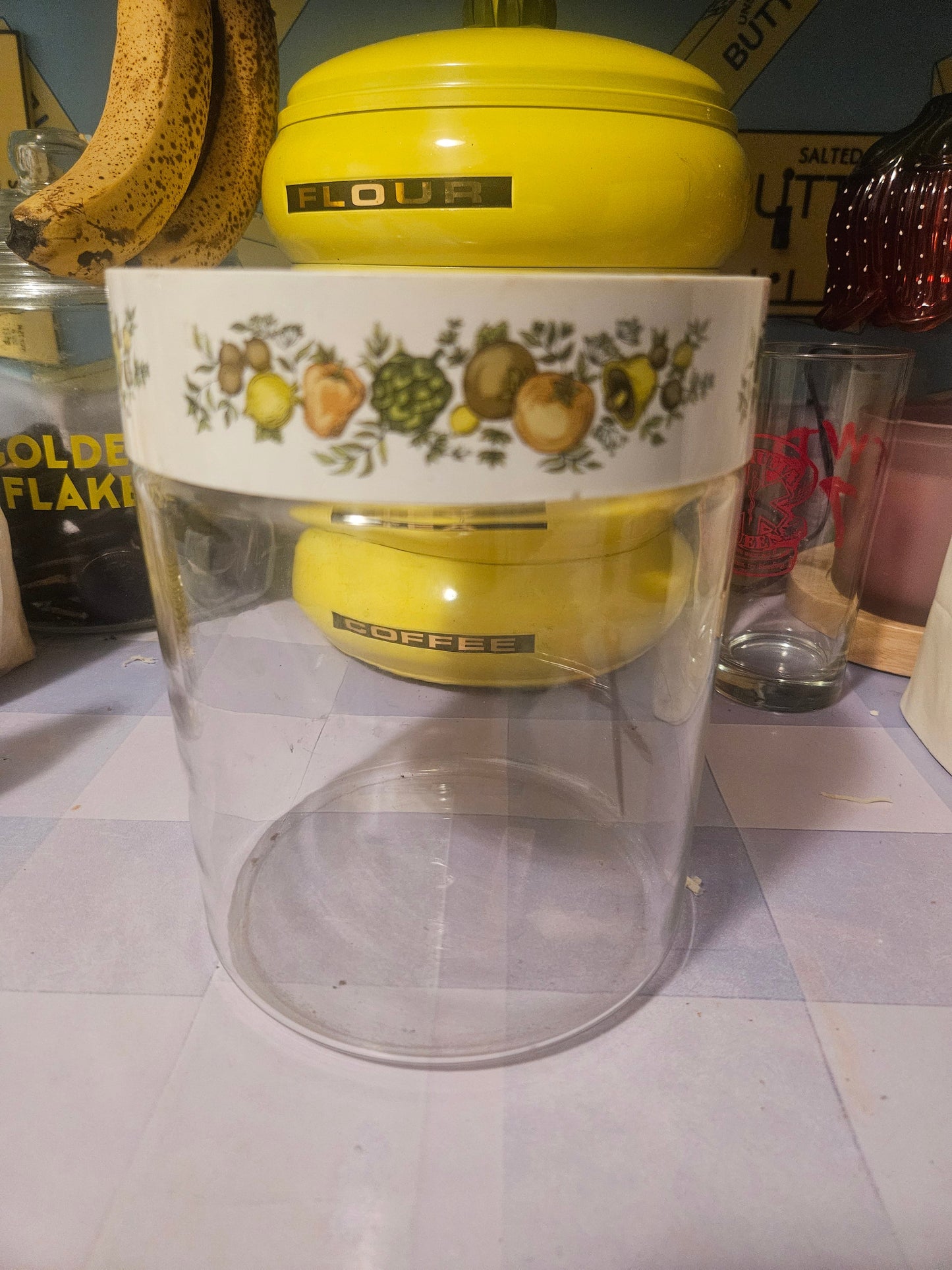 Vintage Pyrex Spice of Life large canister with clear acrylic body and white Spice of Life printed lid